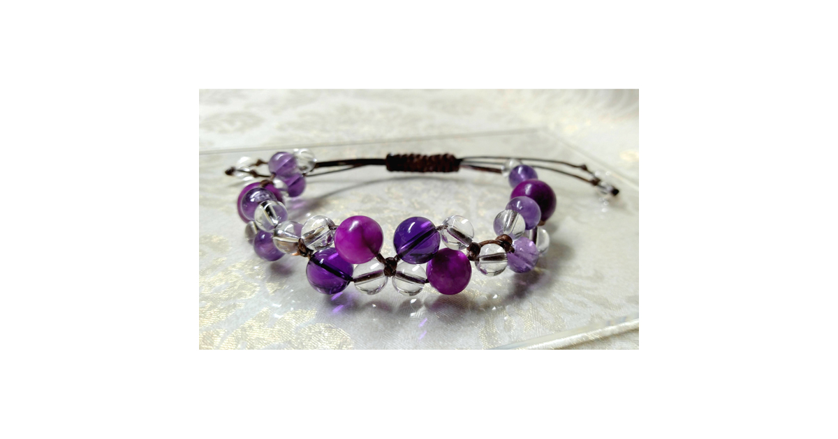 W紫の癒し+水晶 スギライト×アメジストの編みブレスレット